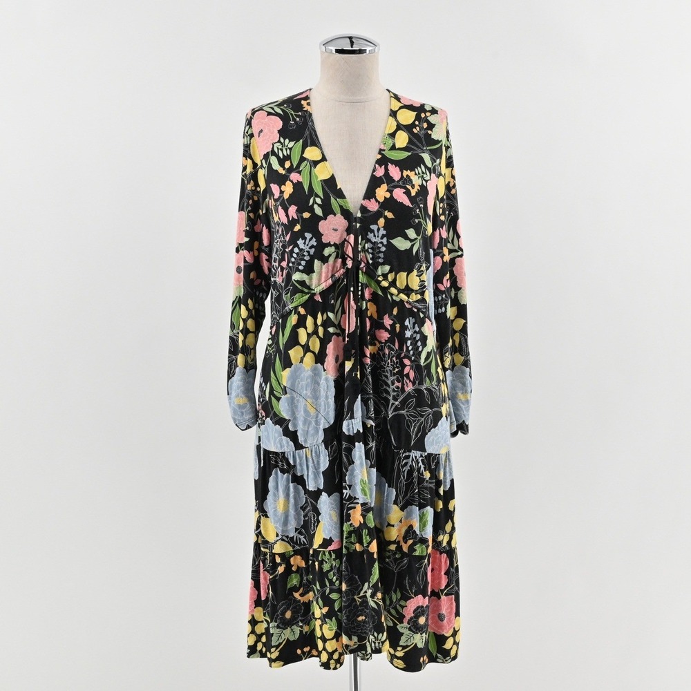 Hale Bob Floral Midi Dress Size M Black Multicolor Bohemian Long Sleeve V‎ Neck
